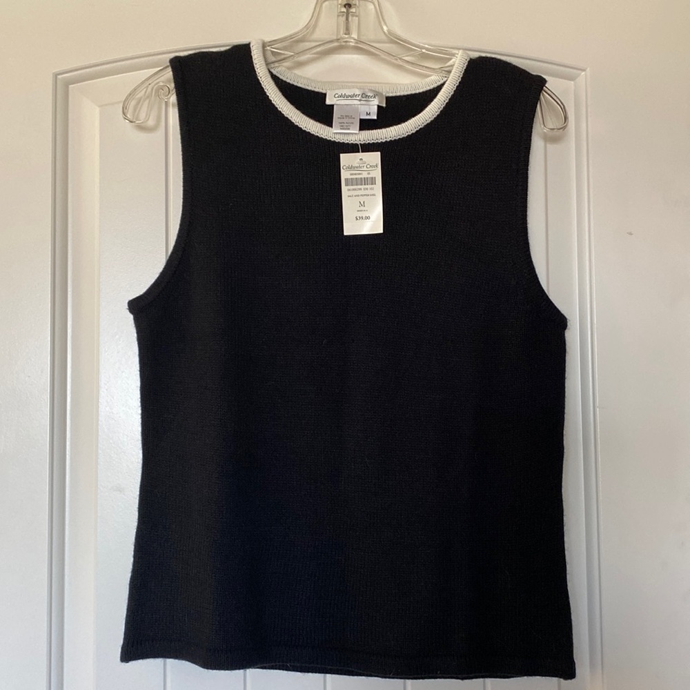 Coldwater Creek sleeveless Sweater Tank Black W/ White Trim Size Medium New NWT
